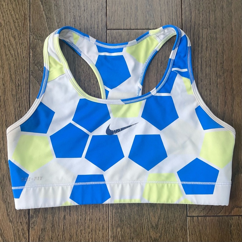 nike sports bra in neon/blue geometric pattern